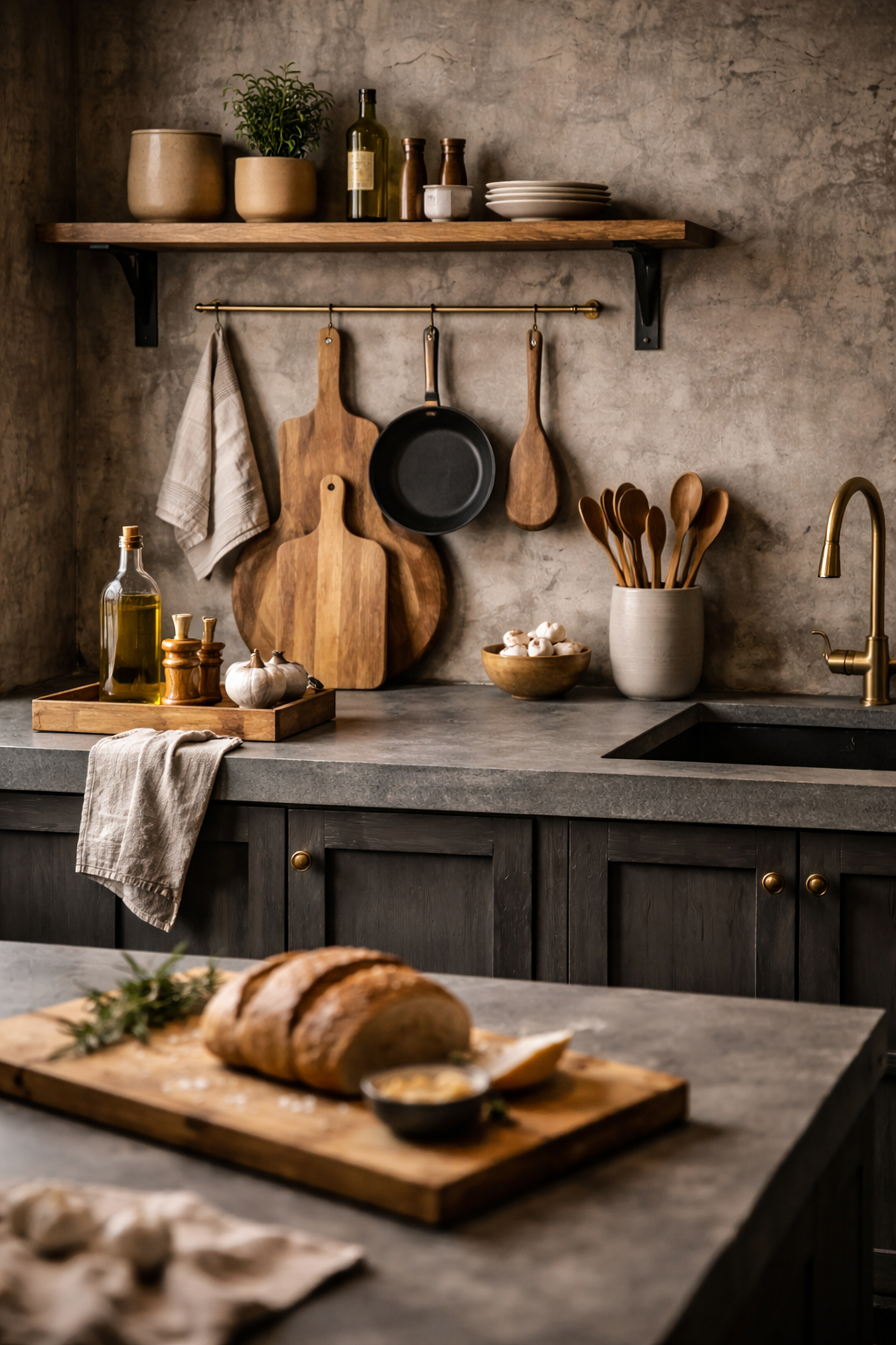 Concrete countertops warmed by wooden cutting boards