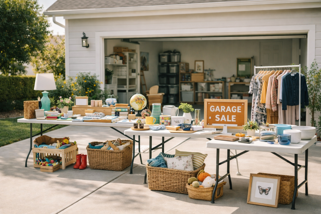 Saturday garage sale treasures in sunlight
