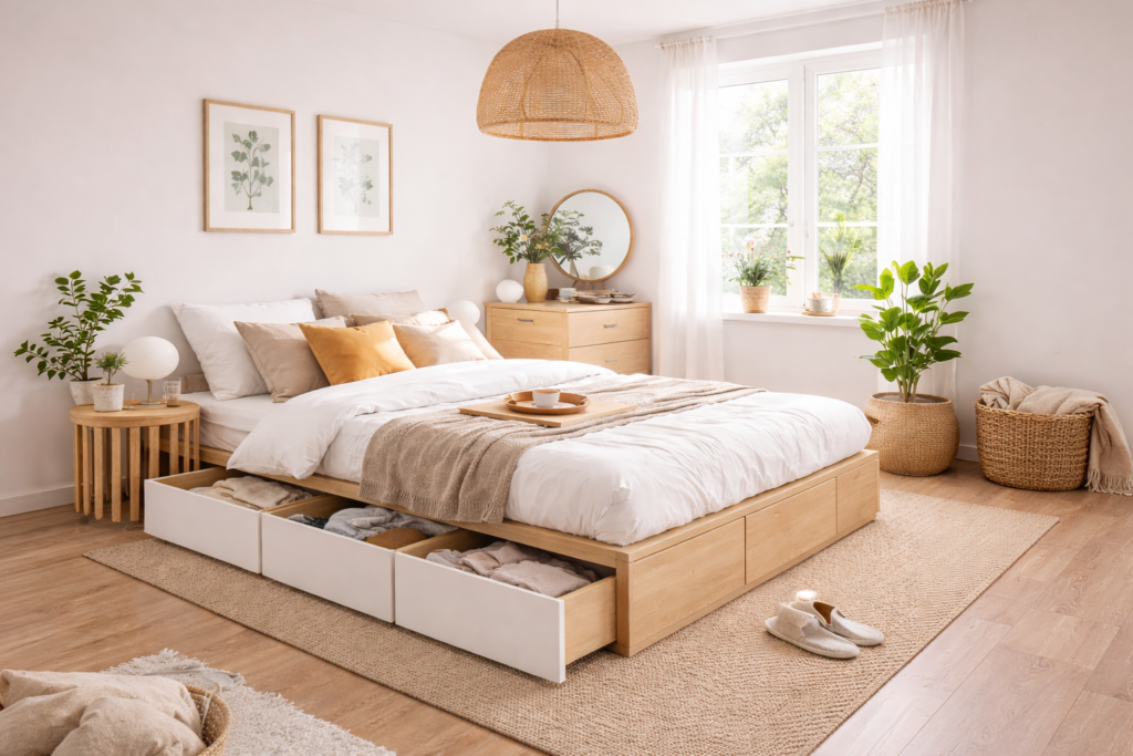 Scandinavian one-bedroom apartment bedroom - Title