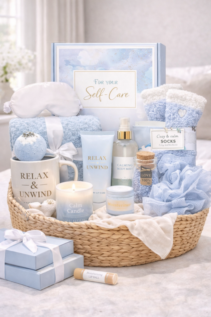 Self-care essentials in a pink box