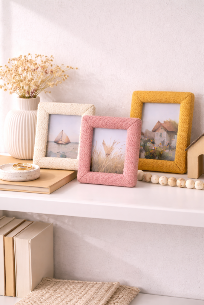 Serene display of yarn-wrapped frames