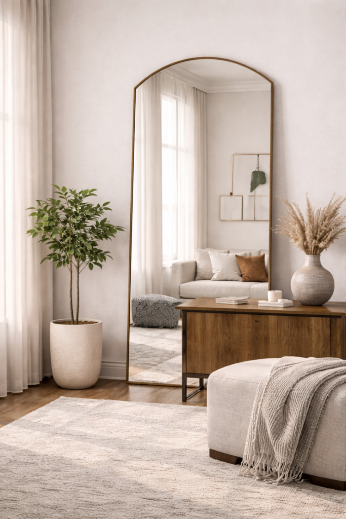 Serene living room with mirror reflection - blank walls