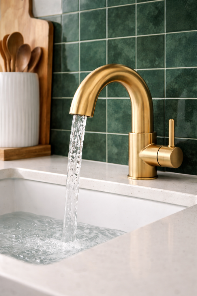 Sleek gold faucet with flowing water