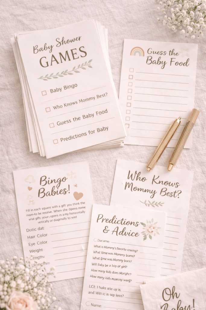 Soft pastel baby shower game cards