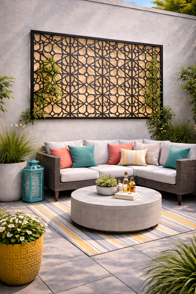 Stylish outdoor patio with vibrant accents - trellis ideas