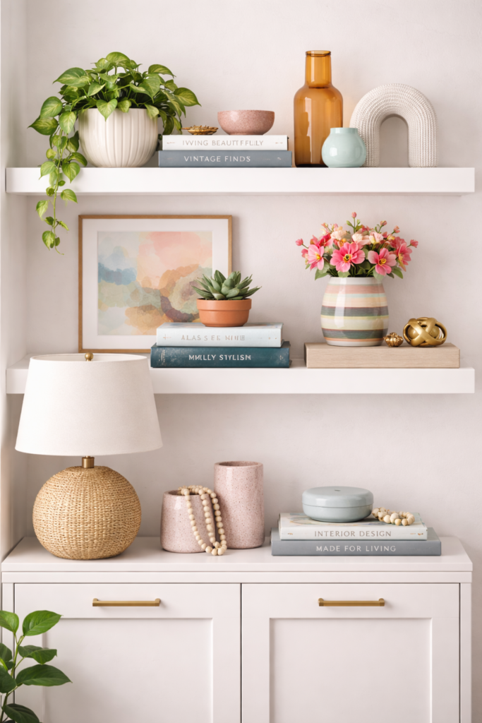 Stylish shelves with vibrant decor