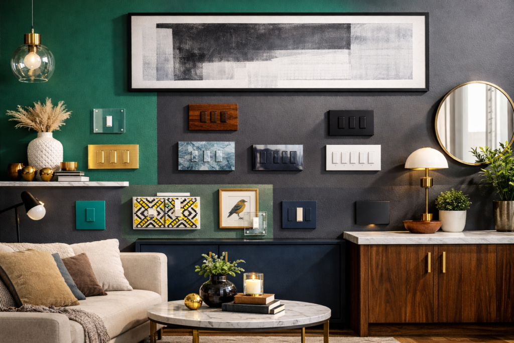Stylish switch plates in modern living room