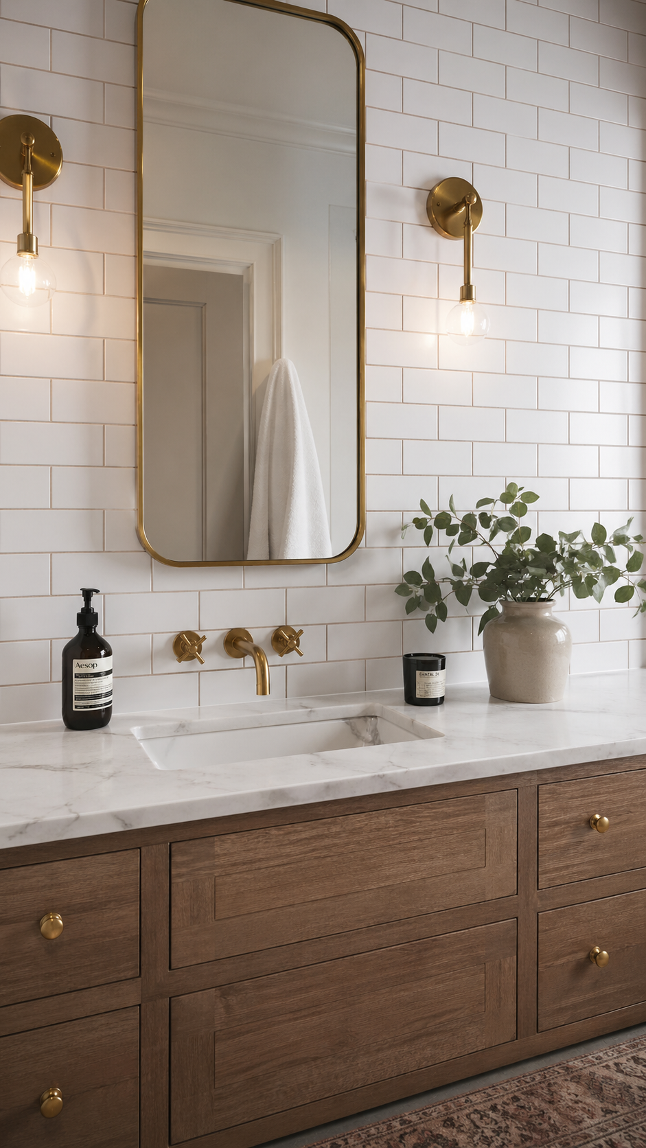 Subway tile with warm grout creating a transitional bathroom