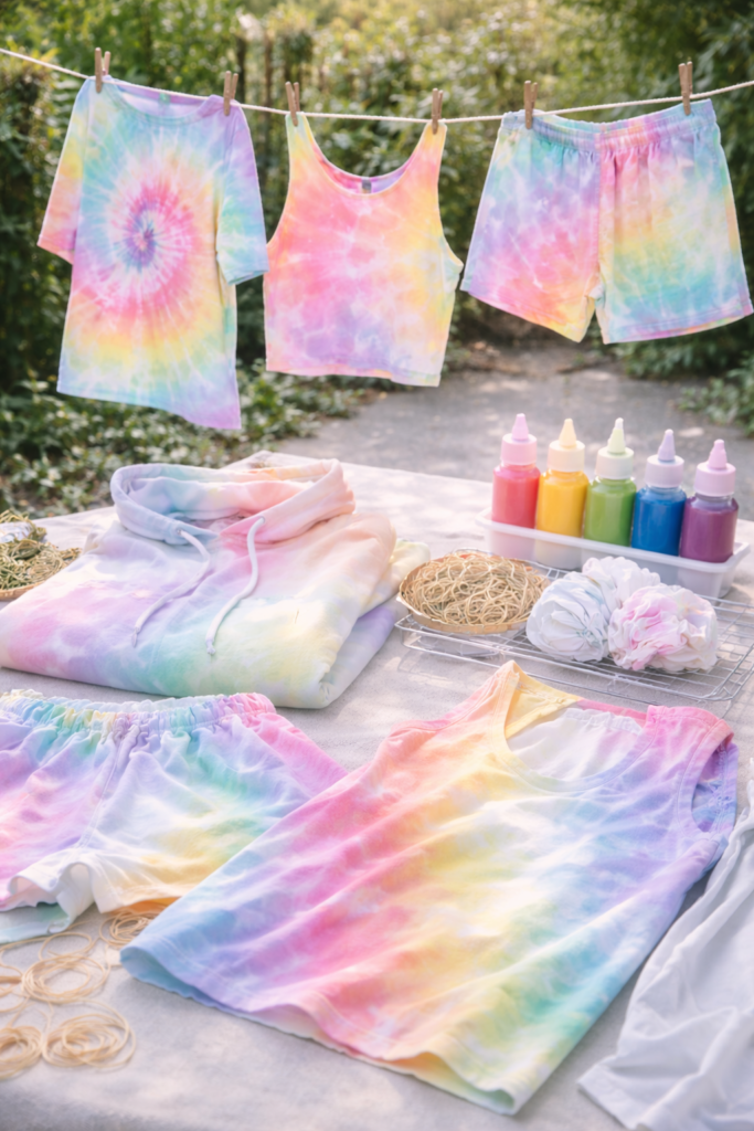 Sunlit backyard tie-dye drying scene