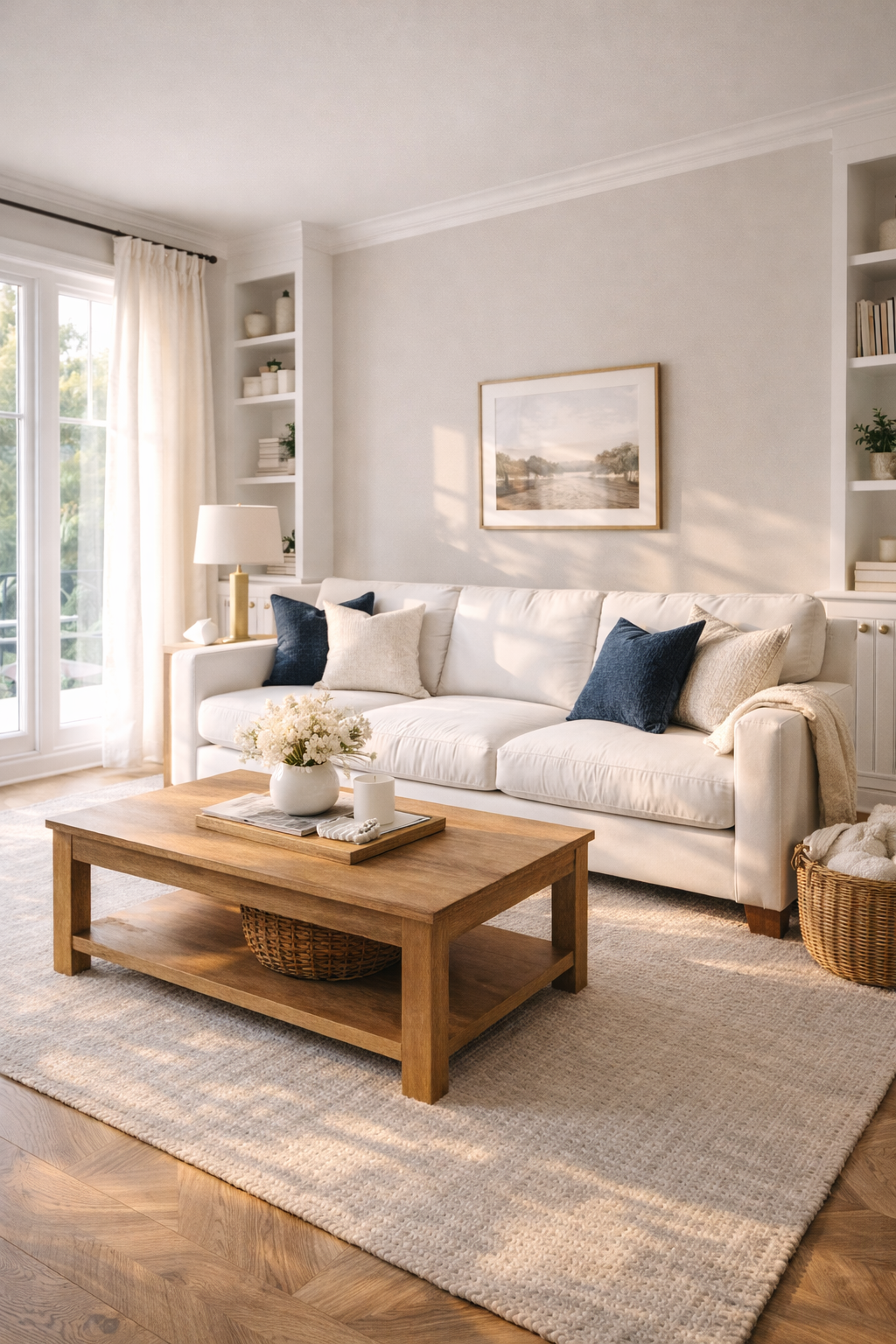 Sunlit living room with elegant accents