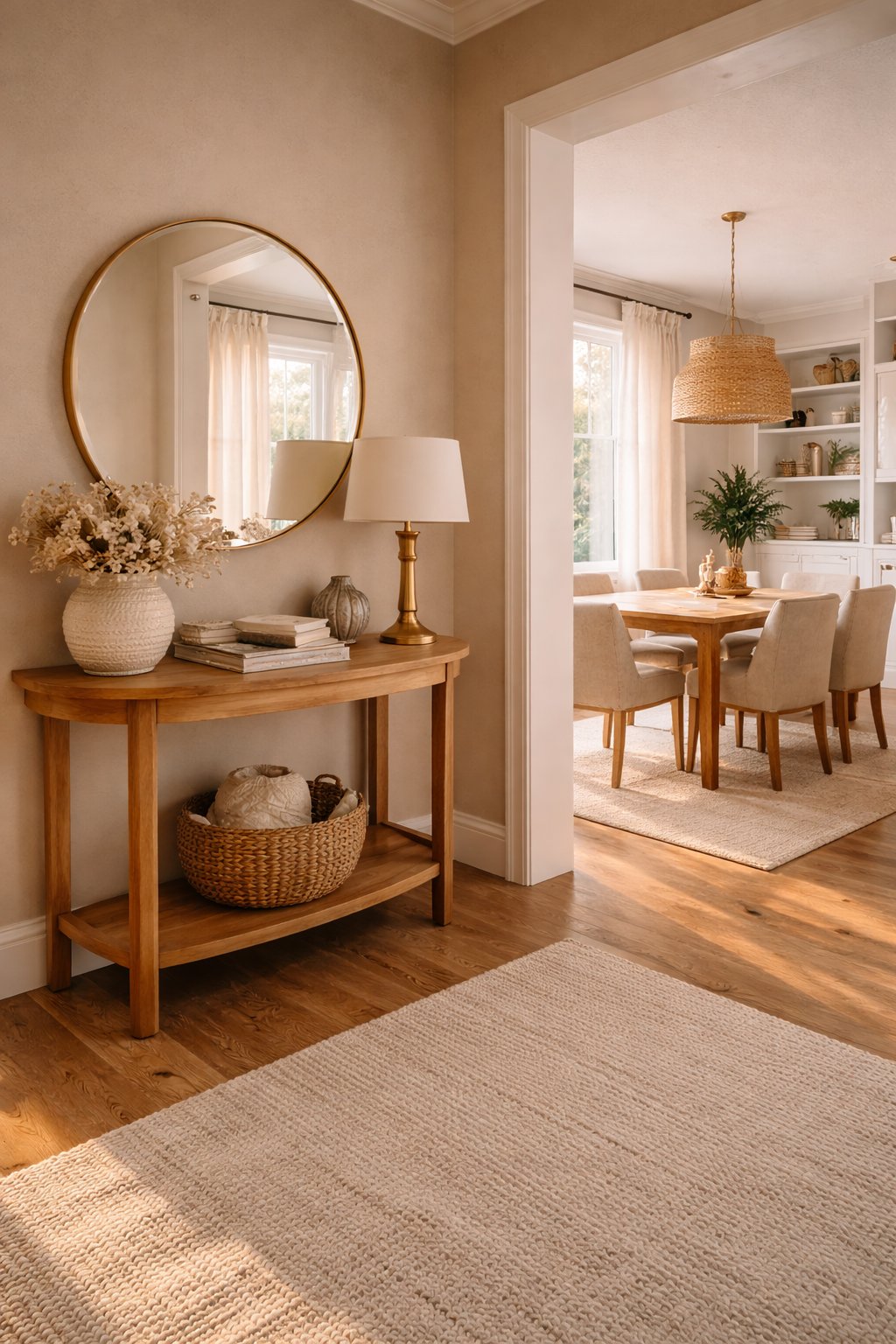 Sunlit living space with neutral tones