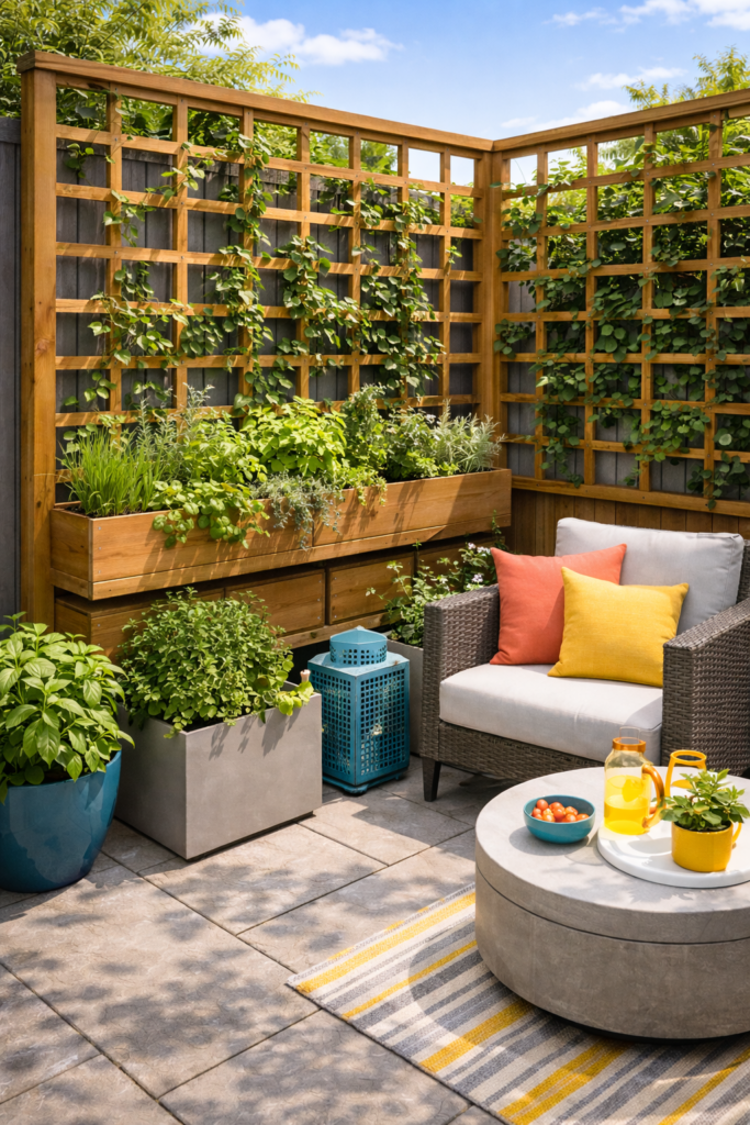 Sunny patio corner with vibrant greenery