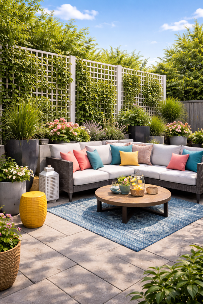 Sunny patio with vibrant seating area