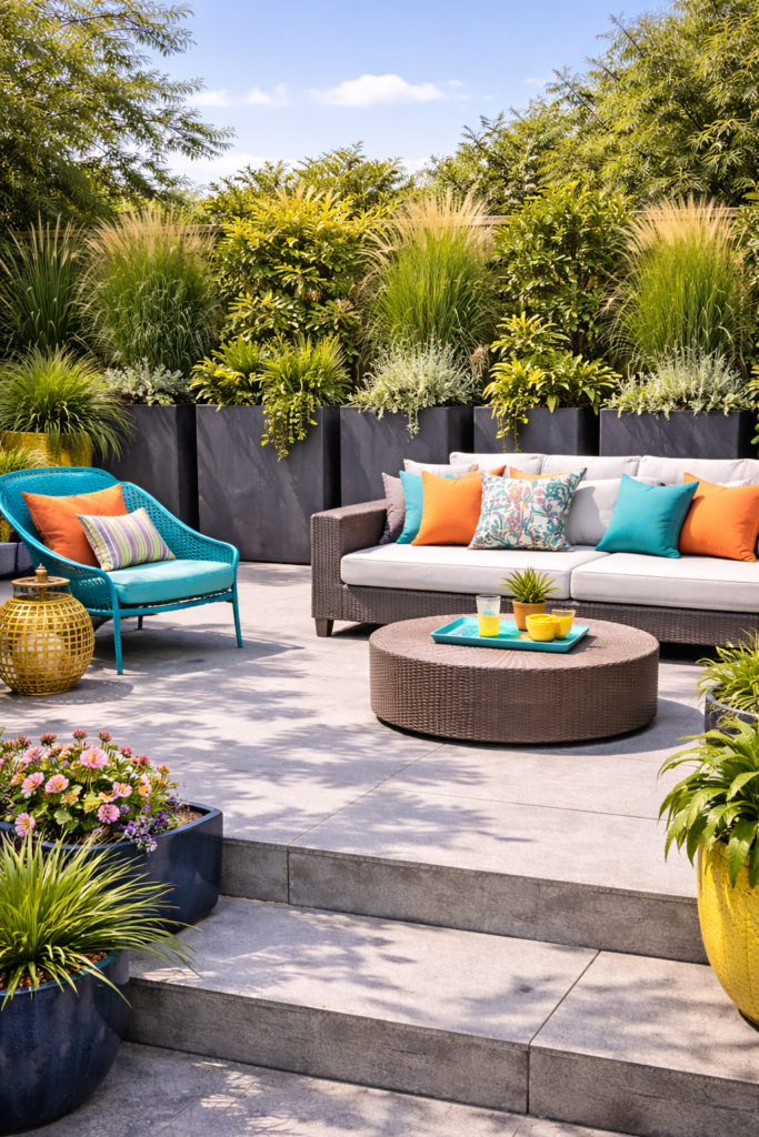 Tall privacy greenery with vibrant seating area