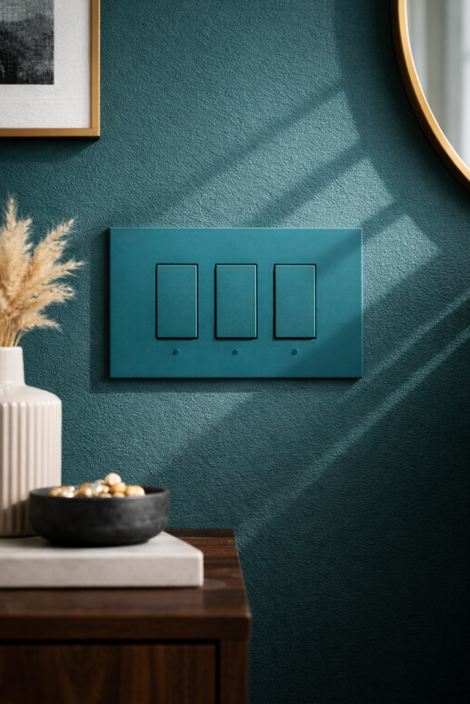 Teal wall with brass accents and pampas