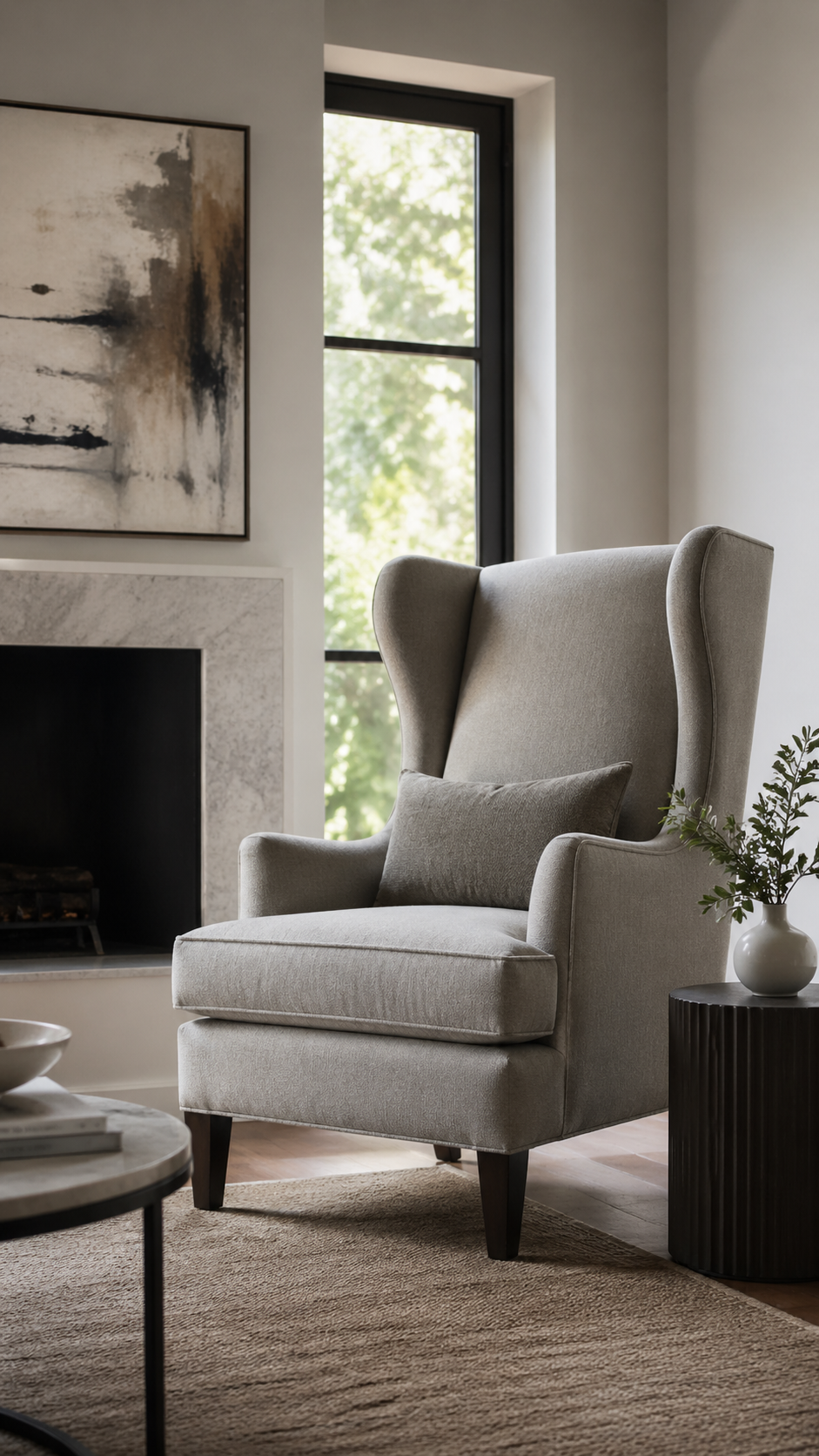 Traditional wingback chair in a contemporary solid fabric