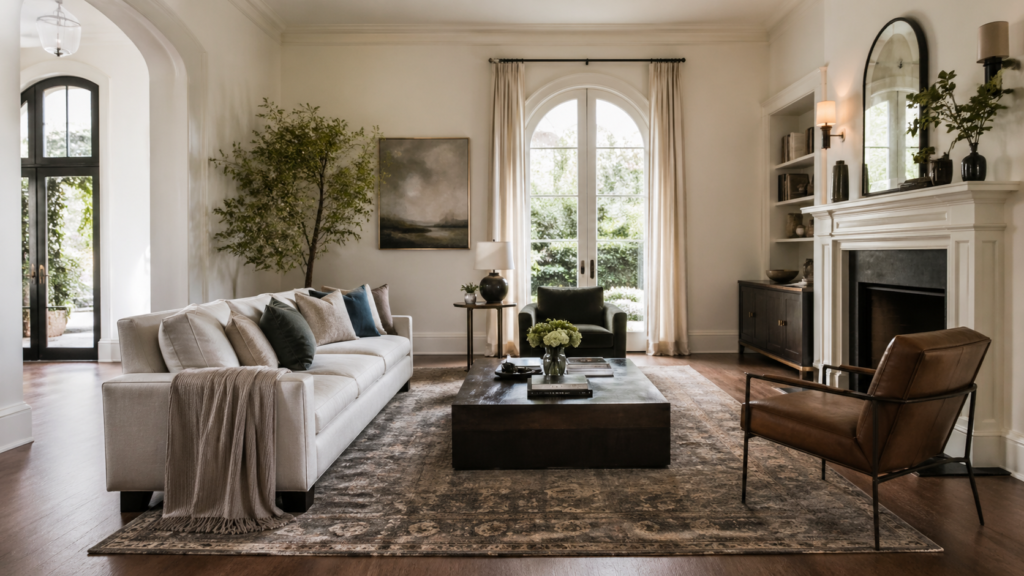 Transitional living room blending classic and modern design elements