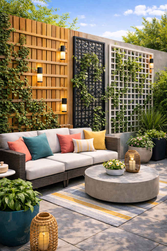 Trellis garden seating with vibrant decor