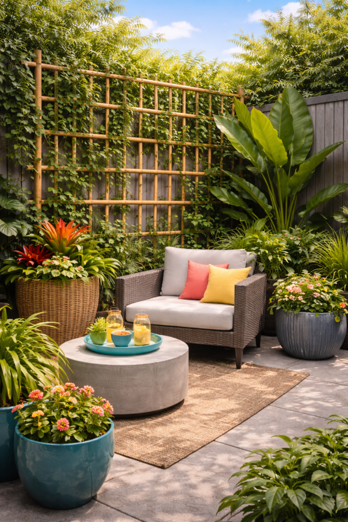 Tropical garden retreat with lounge chair