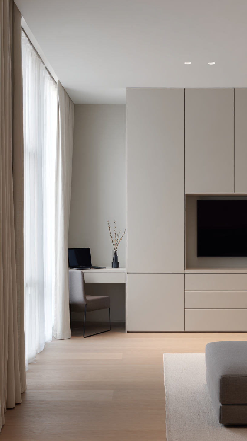 Ultra-minimal one-bedroom apartment with integrated smart tech, featuring a wall-mounted TV