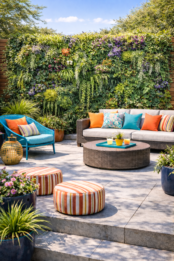 Vertical Garden Privacy Wall-Lush garden retreat with vibrant seating