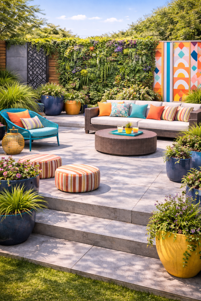 Vibrant backyard patio with unique privacy screens
