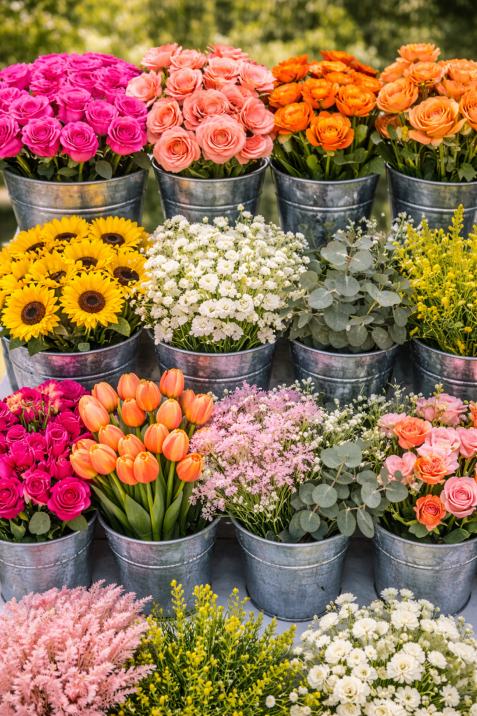 Vibrant floral arrangement in metal buckets
