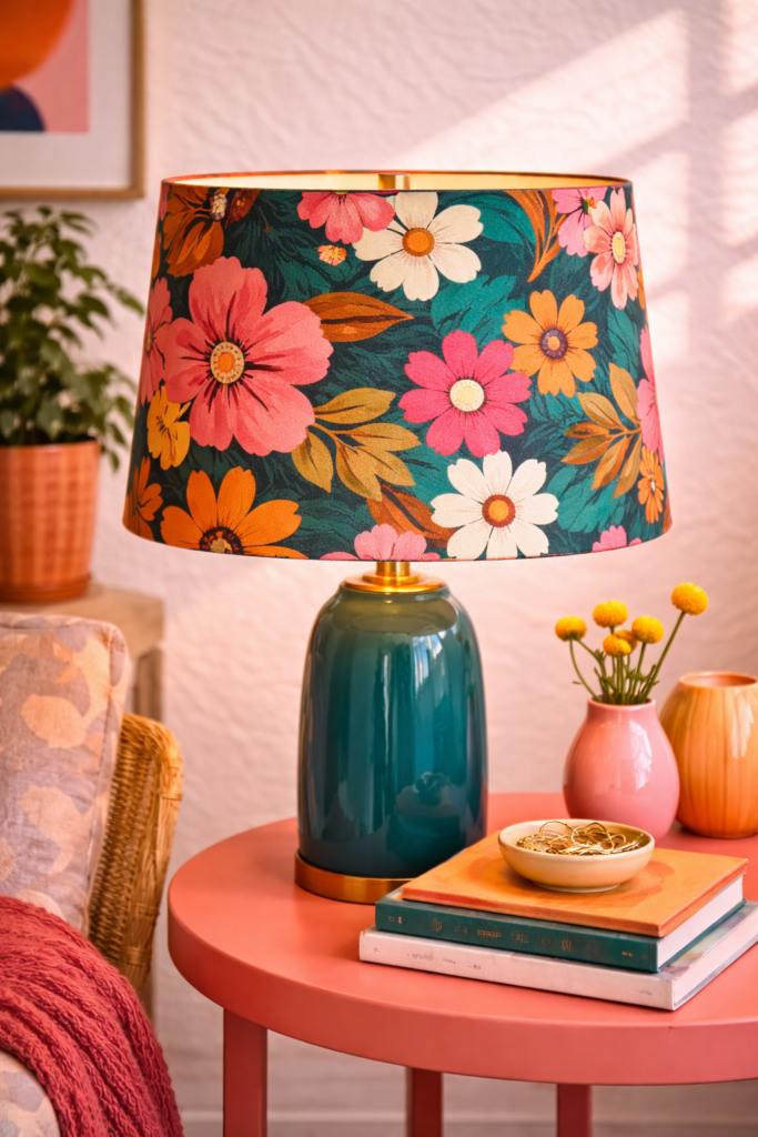 Vibrant floral lamp in cozy living room

