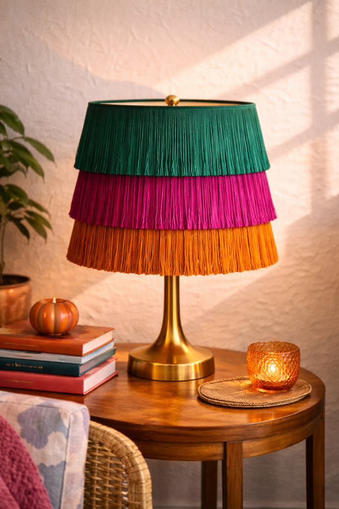 Vibrant fringe lamp on side table