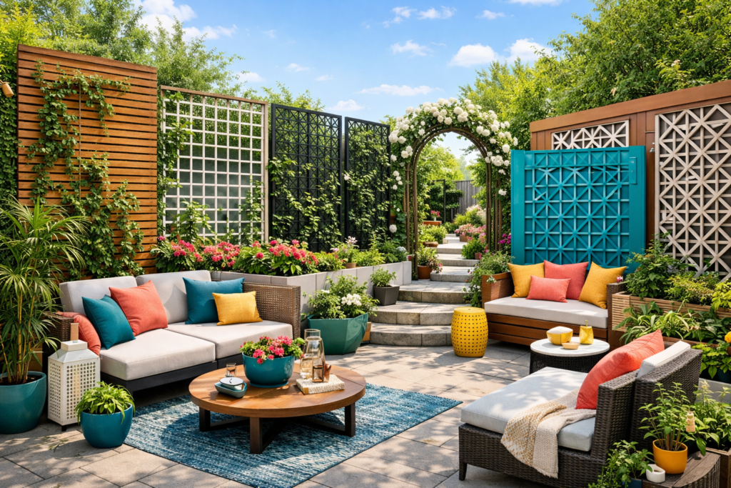 Vibrant garden patio with colorful trellises