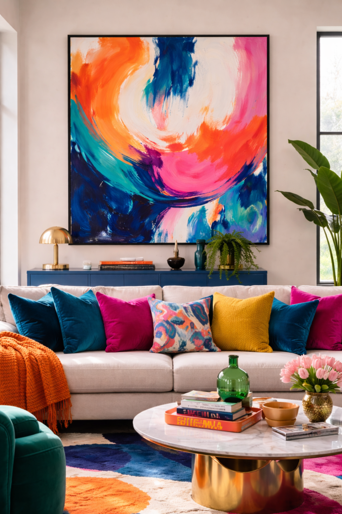 Vibrant living room with colorful decor