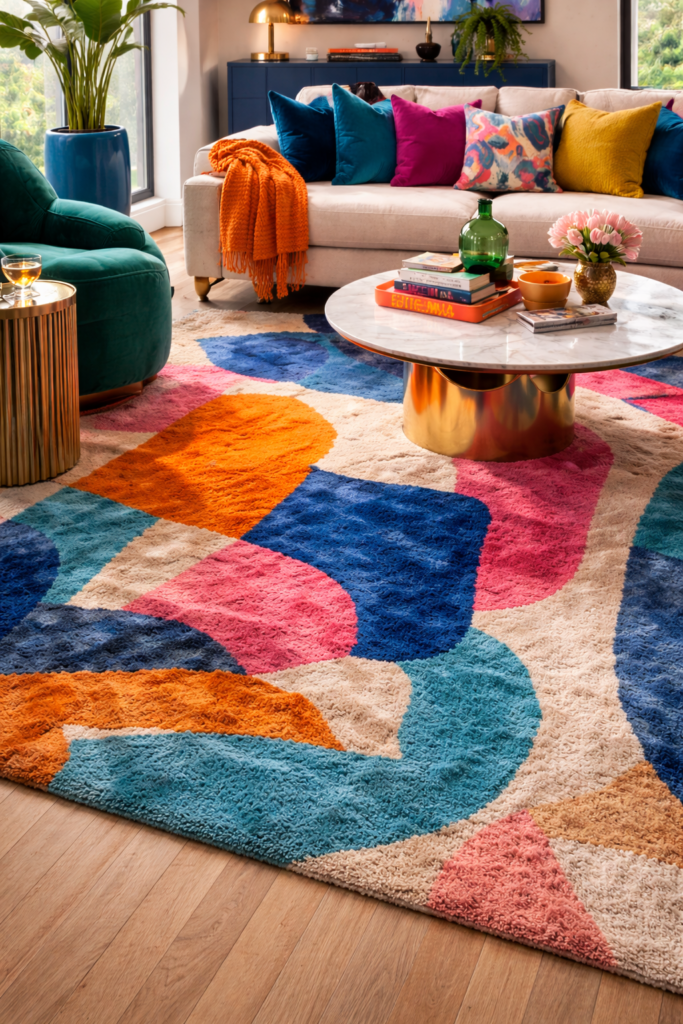 9:16 editorial image of a living room featuring a bold geometric or abstract area rug in vibrant colors like orange, blue, and pink, furniture partially placed on rug, clean modern decor, bright natural light, high detail texture, Pinterest-worthy, no people
