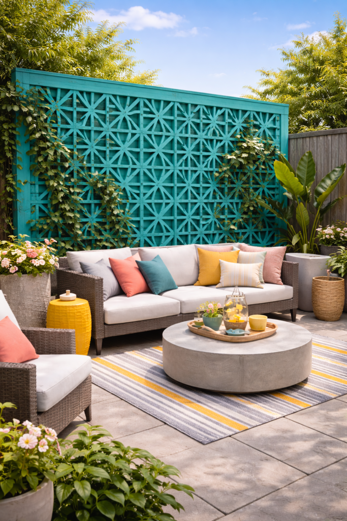 Vibrant patio with turquoise trellis