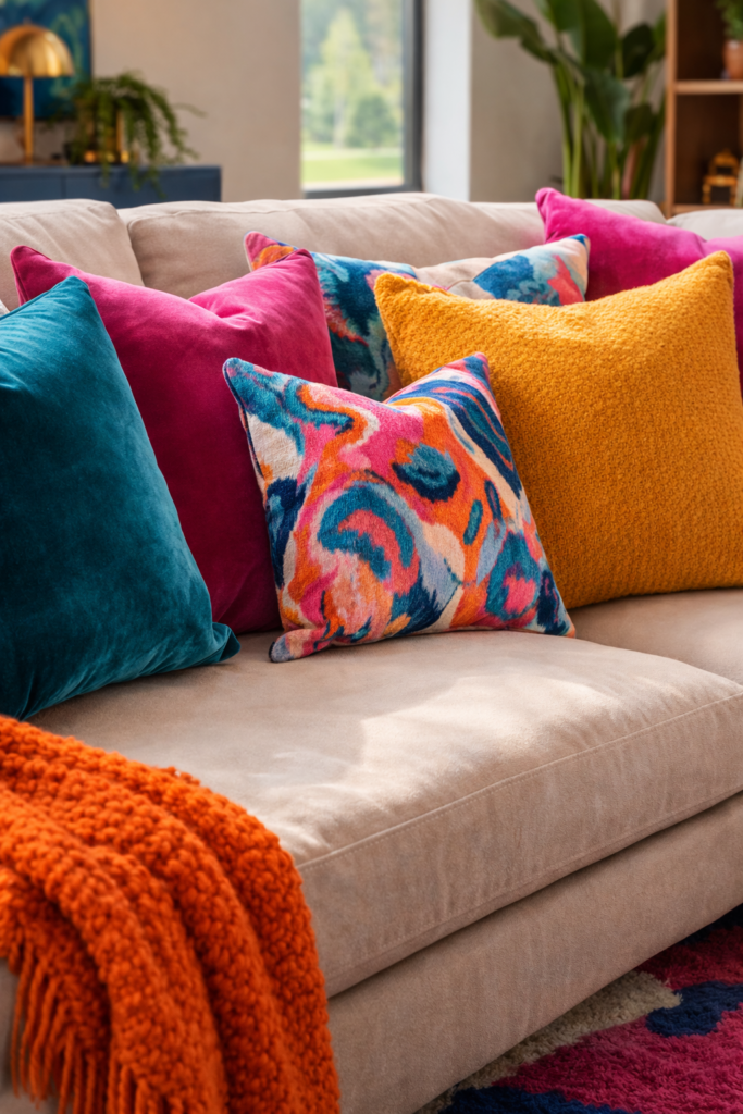 Vibrant throw pillows on a sofa