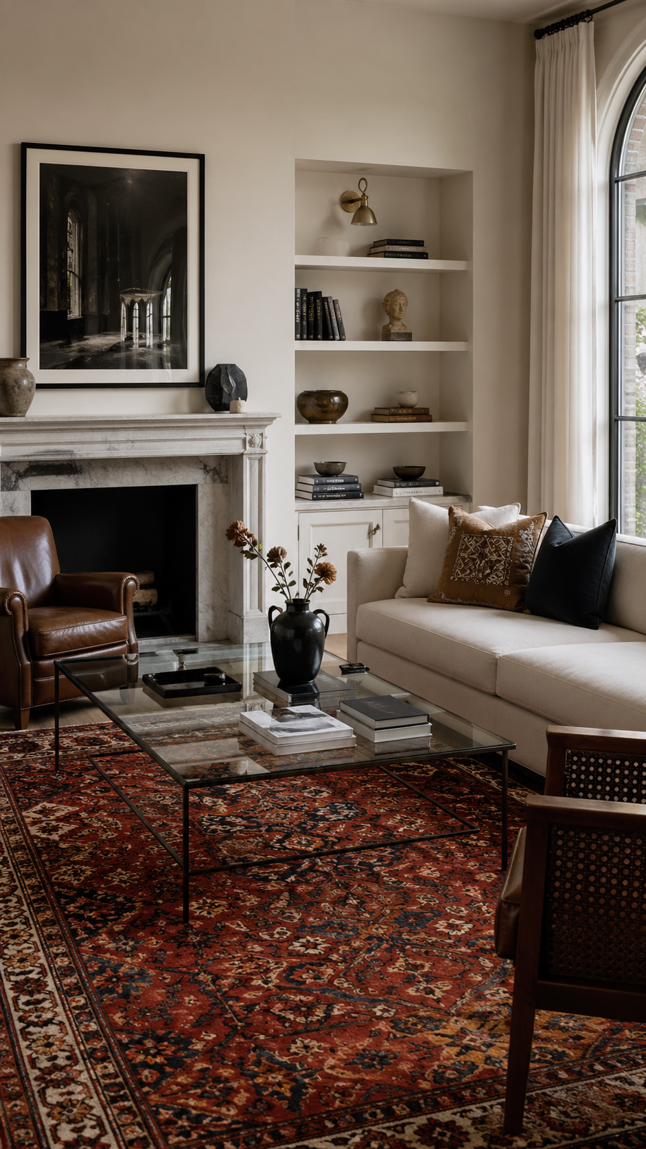 Vintage rug anchoring a modern coffee table in a transitional space