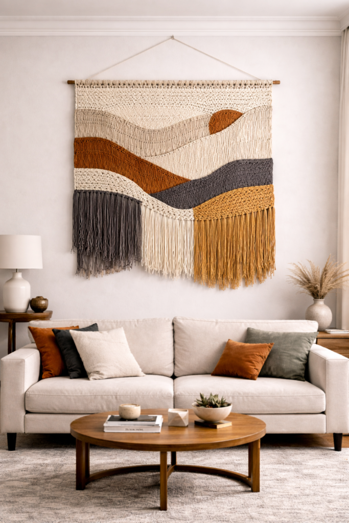 Warm living room with woven tapestry - blank wall