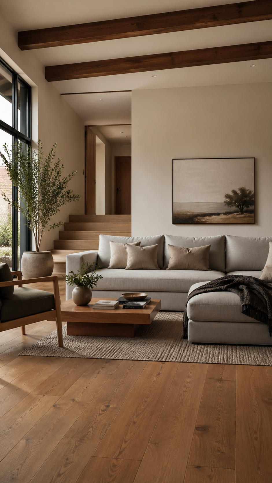 Warm wood floors paired with contemporary furniture