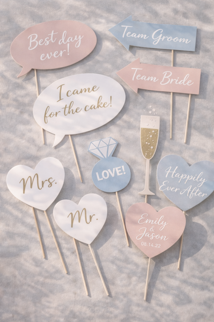 Wedding photo booth props flat lay