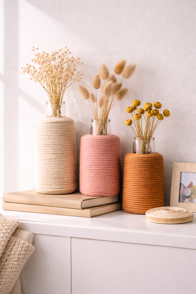 Yarn-wrapped vases with dried flowers