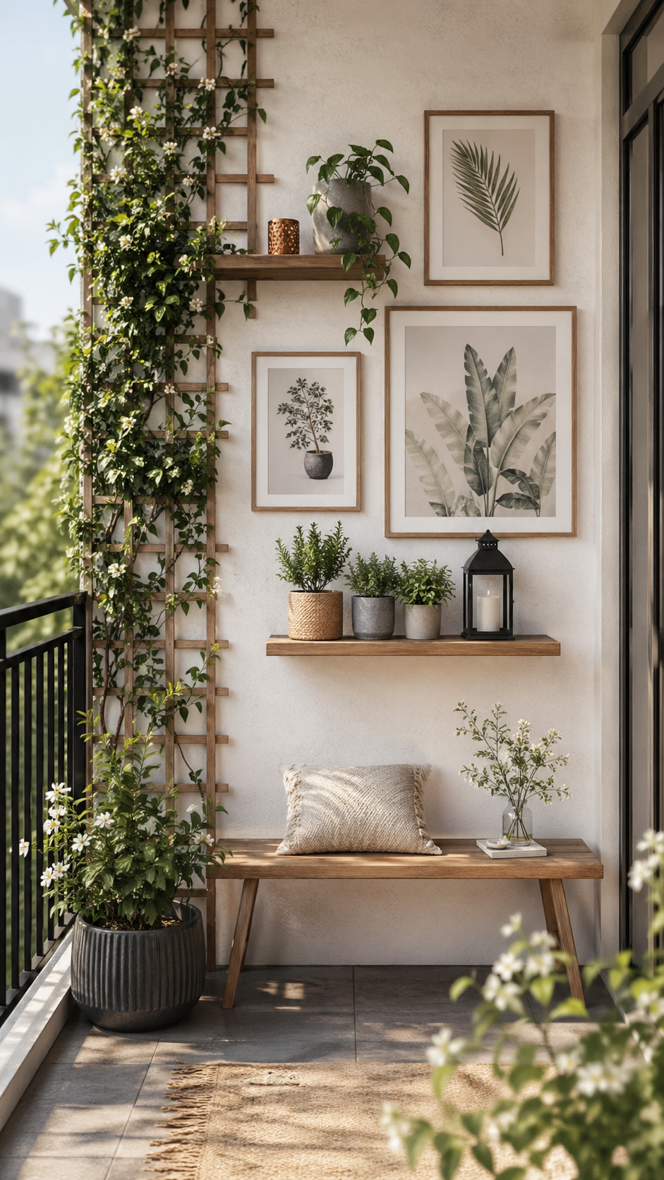 balcony wall styled with outdoor frames and botanical prints, trellis with 