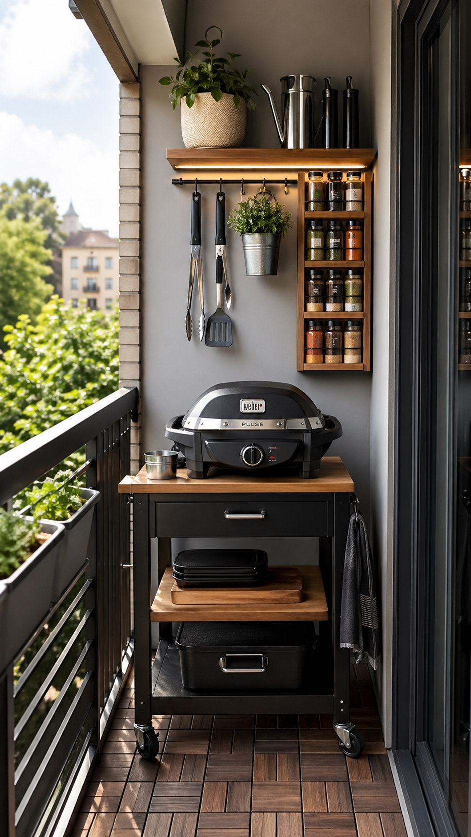 small balcony with electric grill on rolling cart, compact setup