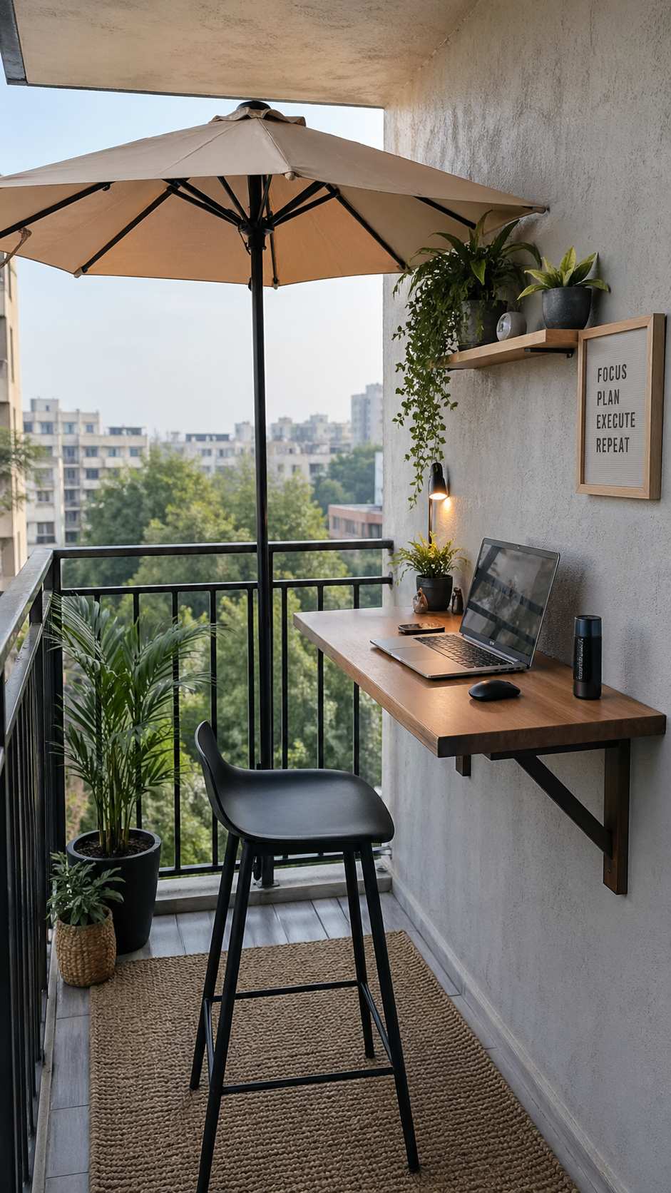 916 balcony workspace with wall-mounted desk, stool, umbrella shade