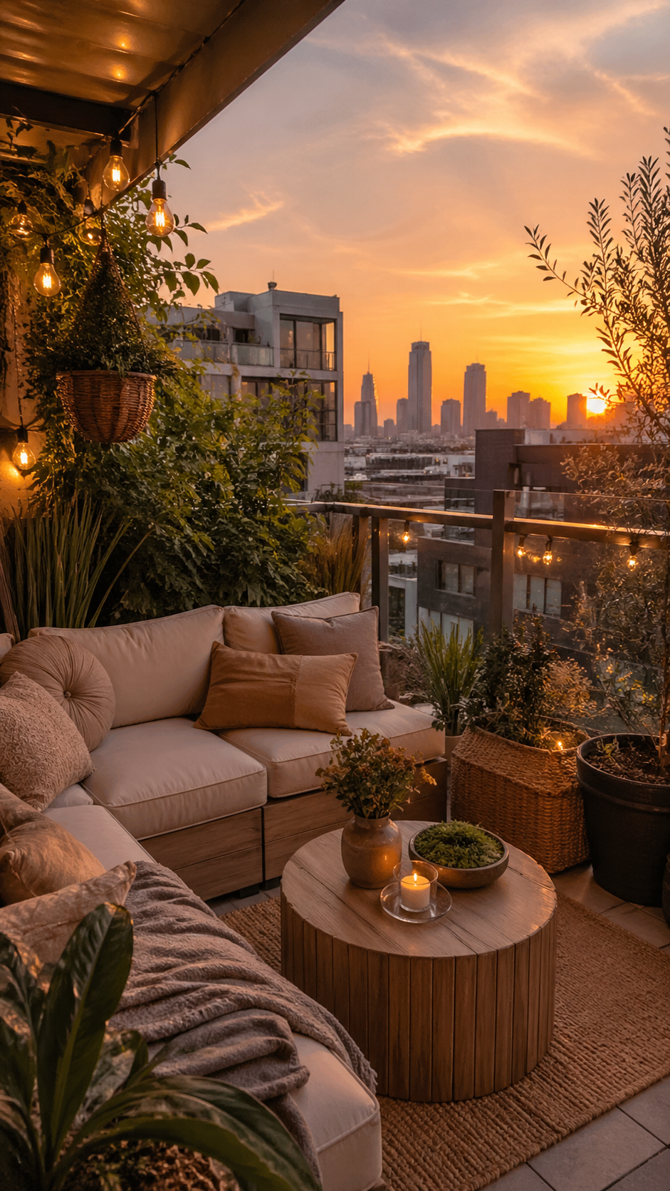 beautifully styled small apartment patio at sunset, layered decor