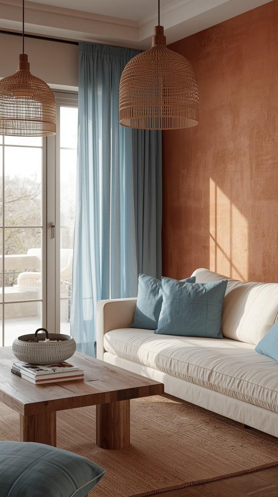 boho living room with terracotta plaster walls and sky blue linen curtains 