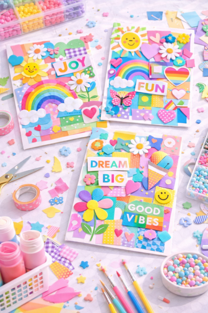 Crafting collage boards and colorful supplies