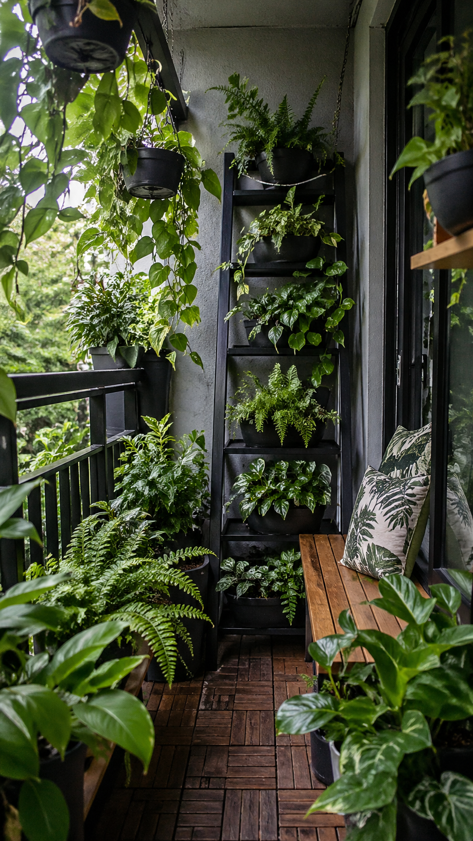 916 compact balcony filled with lush plants, vertical garden with ladder shelf, hanging planters, mix of ferns and pothos, matte black pots, small acacia bench, dense greenery, natural light filtering through leaves, photorealistic, tropical urban jungle vibe