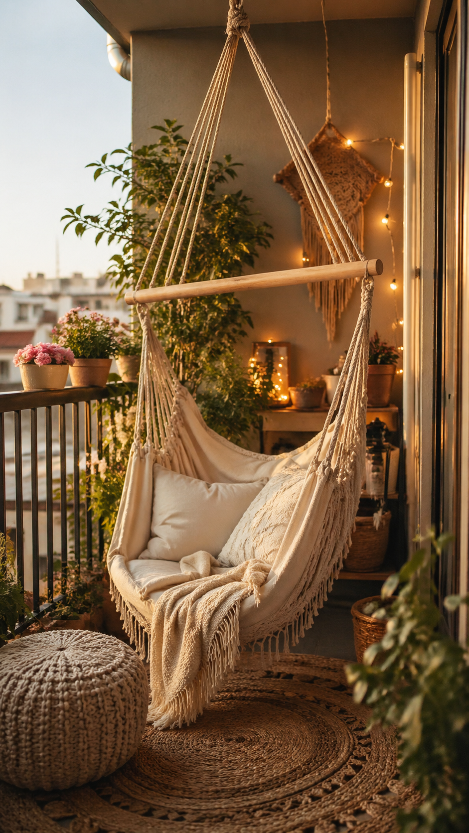 916 cozy balcony with freestanding swing chair layered pillows 