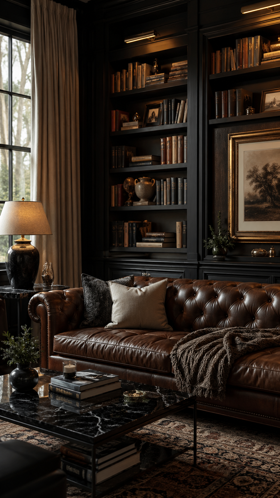 cozy library-style living room with dark espresso built-in shelves, tufted leather sofa