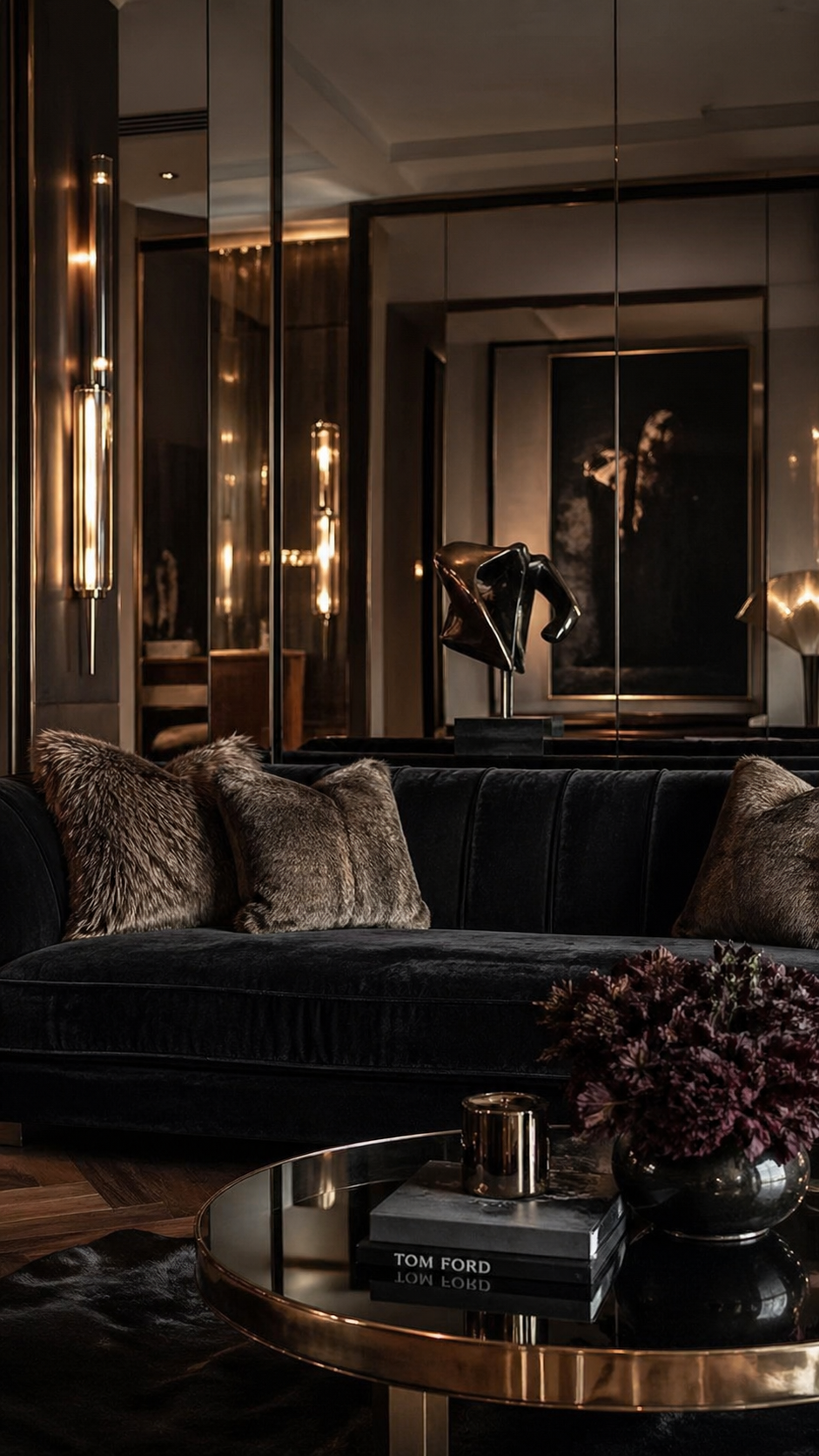 916 photorealistic image of a glam living room with jet black velvet sofa
