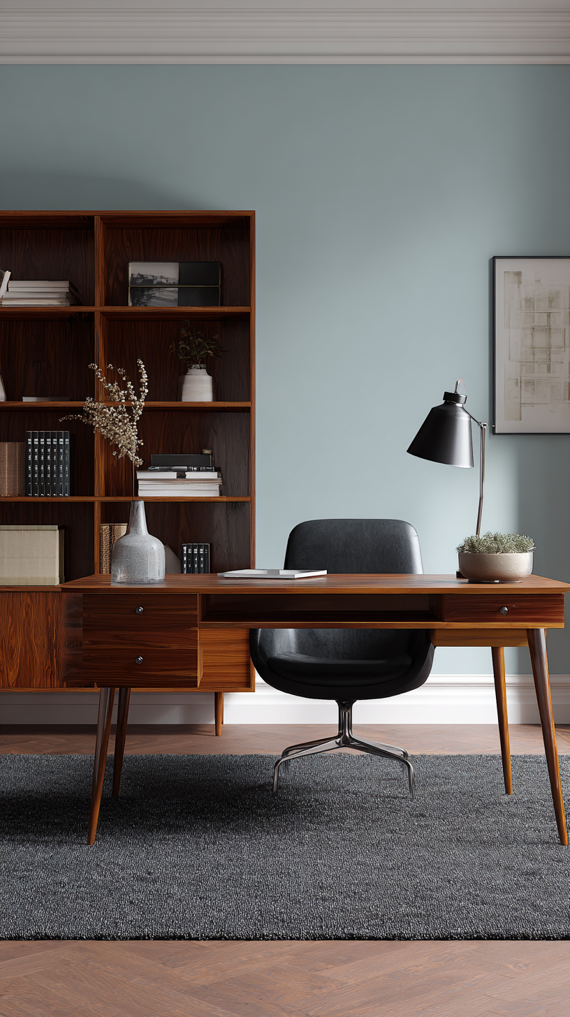 mid-century modern office with powder blue walls